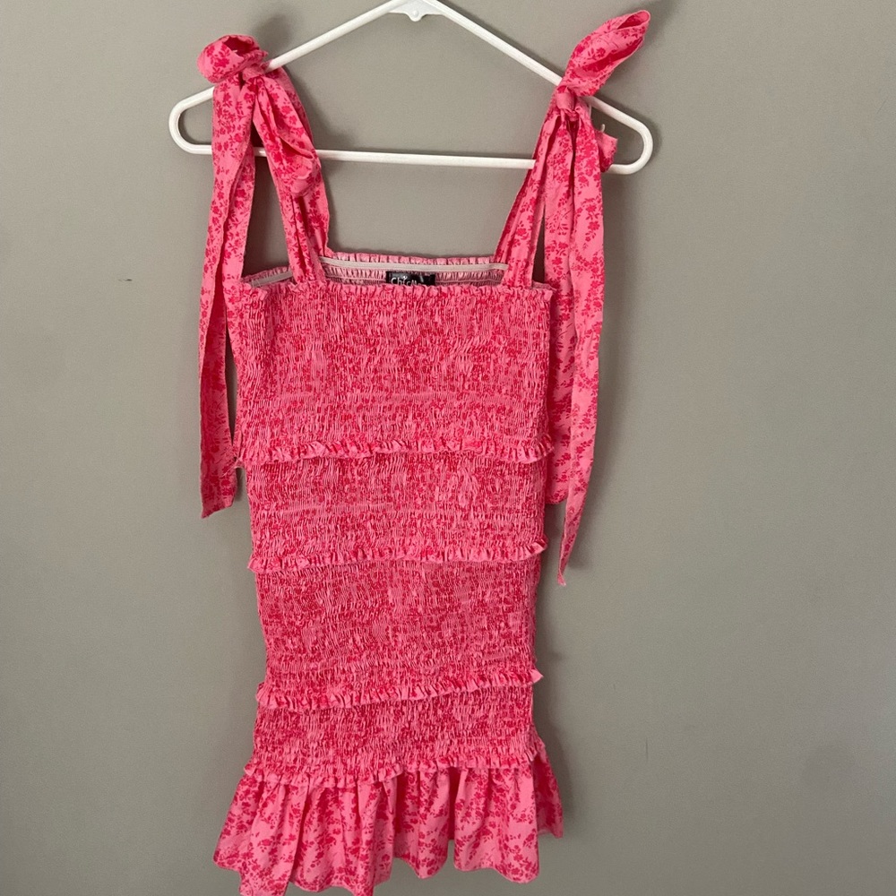 ChicMe Pink Floral Shoulder Tie Dress